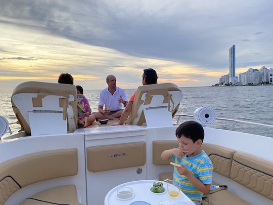 Excursión al atardecer y la bahía de Cartagena en un gran barco de lujo de 38 pies (recorrido privado)