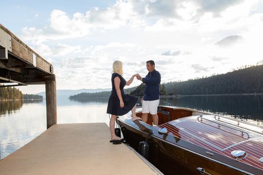 Want to get engaged on a wooden boat on Lake Tahoe? Book the 34' Hacker-Craft