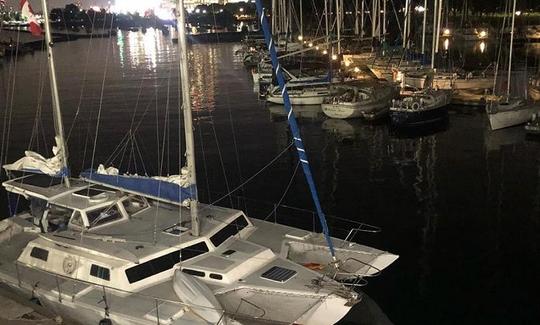 Overhead view showing unusually large deck space compared to a traditional monohull sail or power boat.