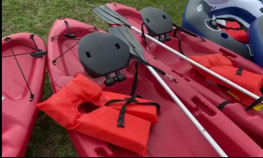 One Person Kayak with paddle and life jacket. Sit on top. 
Weight limit 200lbs
$10 per hour or $25 for 3 hours