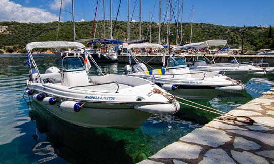 Tour the Islands! Rent 5 Person Olympic 490 Powerboat in Spartochori! No Boating License Required!