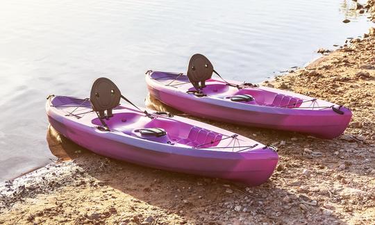 2 pinks kayaks
2 blue kayaks
1 gray fishing kayak
1 green paddle board
All single sitting