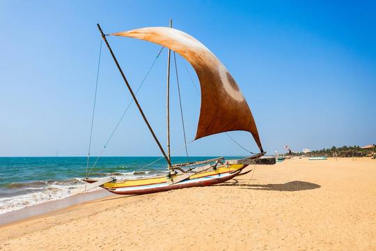 Catamarã navegando ao pôr do sol no Monte Lavinia, Sri Lanka