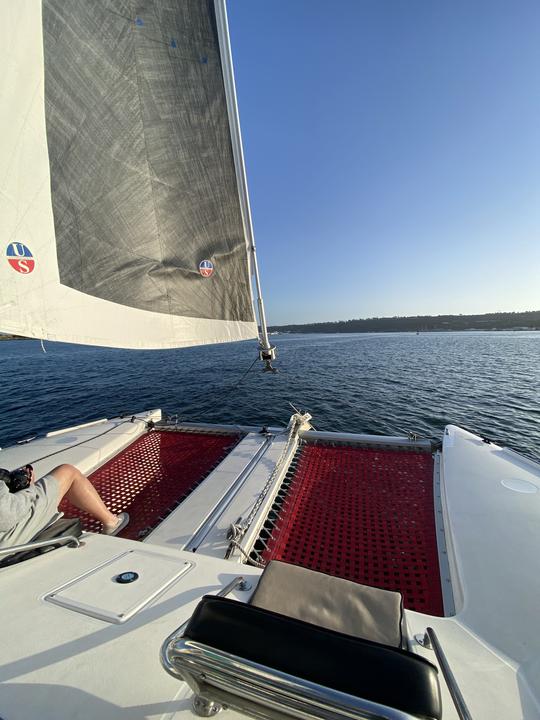 Navegación en catamarán por la bahía de San Diego, espaciosa y estable, navega con un gato divertido