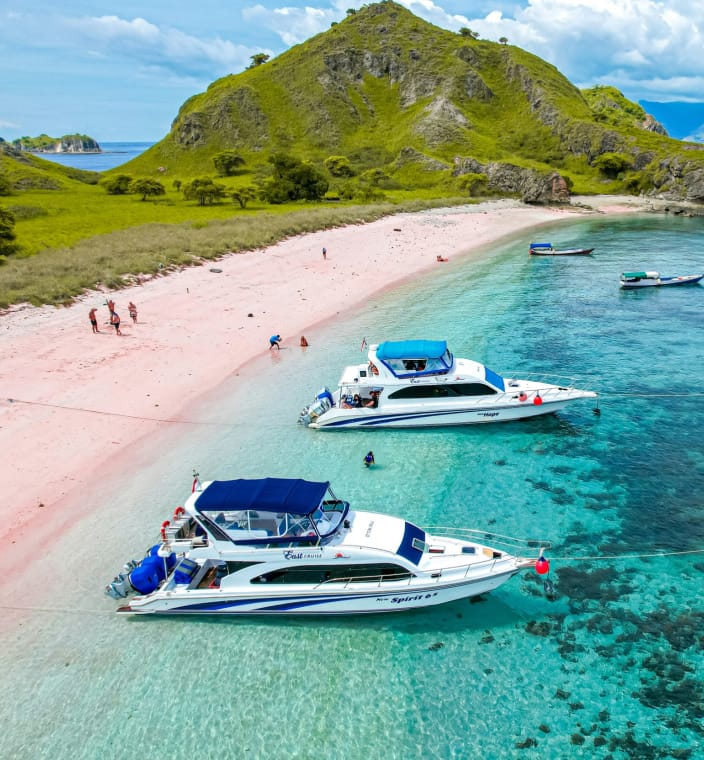 Tropical scene, featuring several boats in clear water, a beach, and green hills