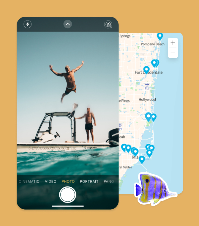 Phone camera atop a map with boat locations. Adorned by a sticker fish.