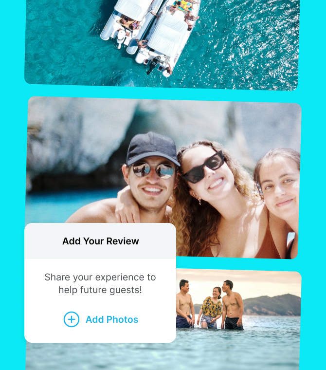 Film strip of friends, showing moments captured from a Getmyboat trip. With a popup prompt to add their review with photos, to help future guests.